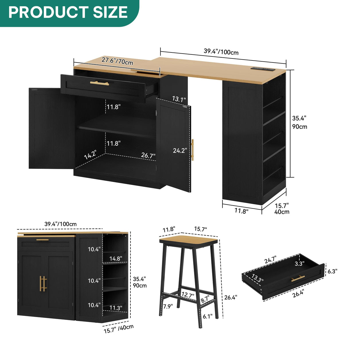 YITAHOME 67 inch Kitchen Island with Seating & Extendable Dining Table, Mobile Storage Islands with 2 Chairs, Rolling Expandable Island with Power Outlet, 3-Tier Spice Rack, L-Shaped Cart (Black) YITAHOME