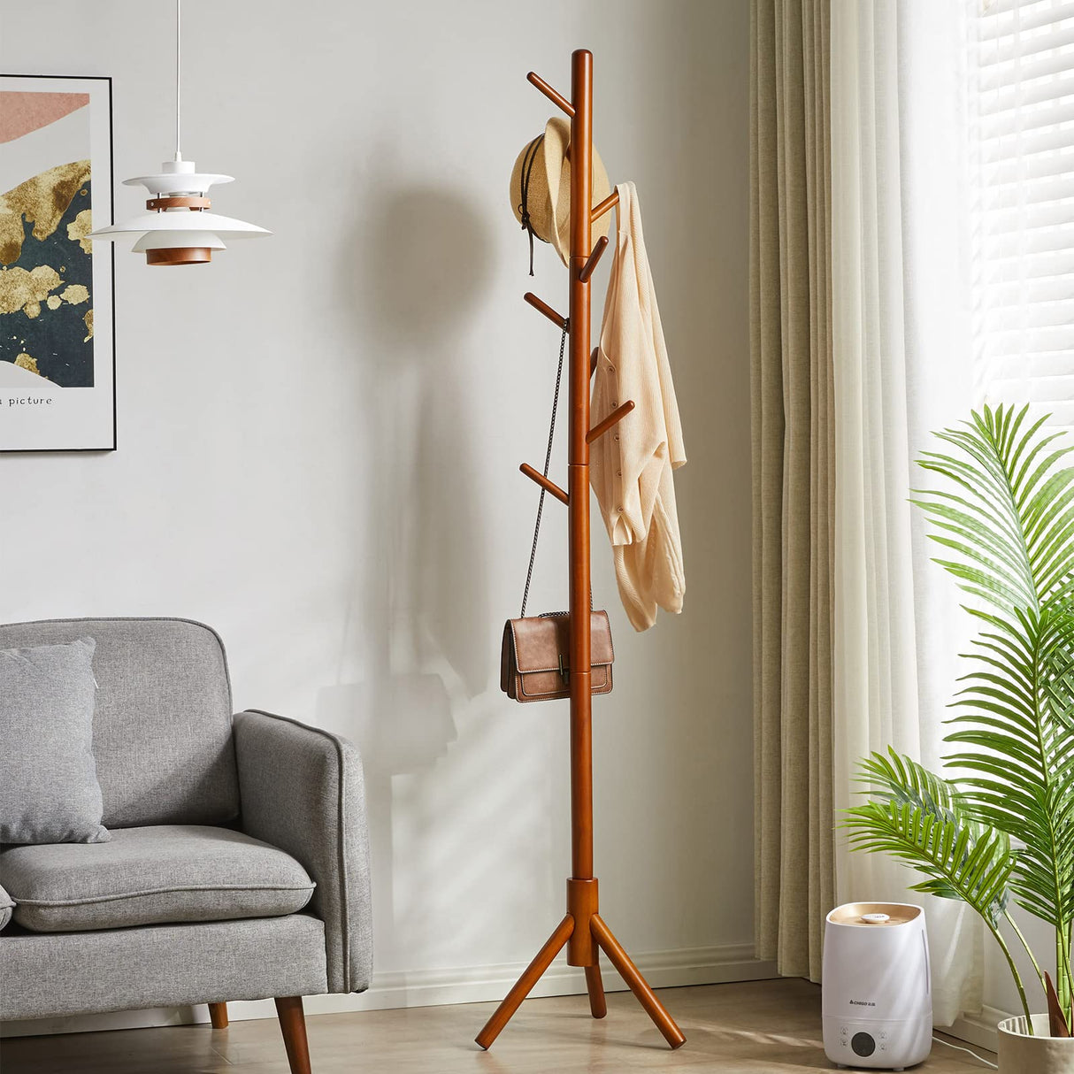 Aibiju Wood Coat Rack Freestanding, Coat Tree with 8 Hooks, 3 Height Options, Suitable for Kids and Adult, Coat Stand for Bedroom Office Entrance Brown YD-1006 Aibiju