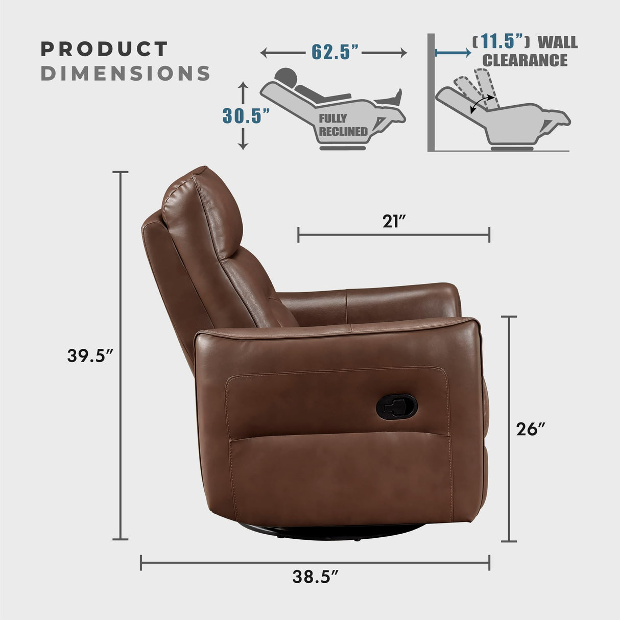 Lexicon Swivel Glider Reclining Chair, Top Grain Leather Match Manual Recliner, Comfy Nursery Glider Recliner, Swivel Reclining Chair for Living Room/Office/Bedroom/Apartment, Toffee Brown Lexicon