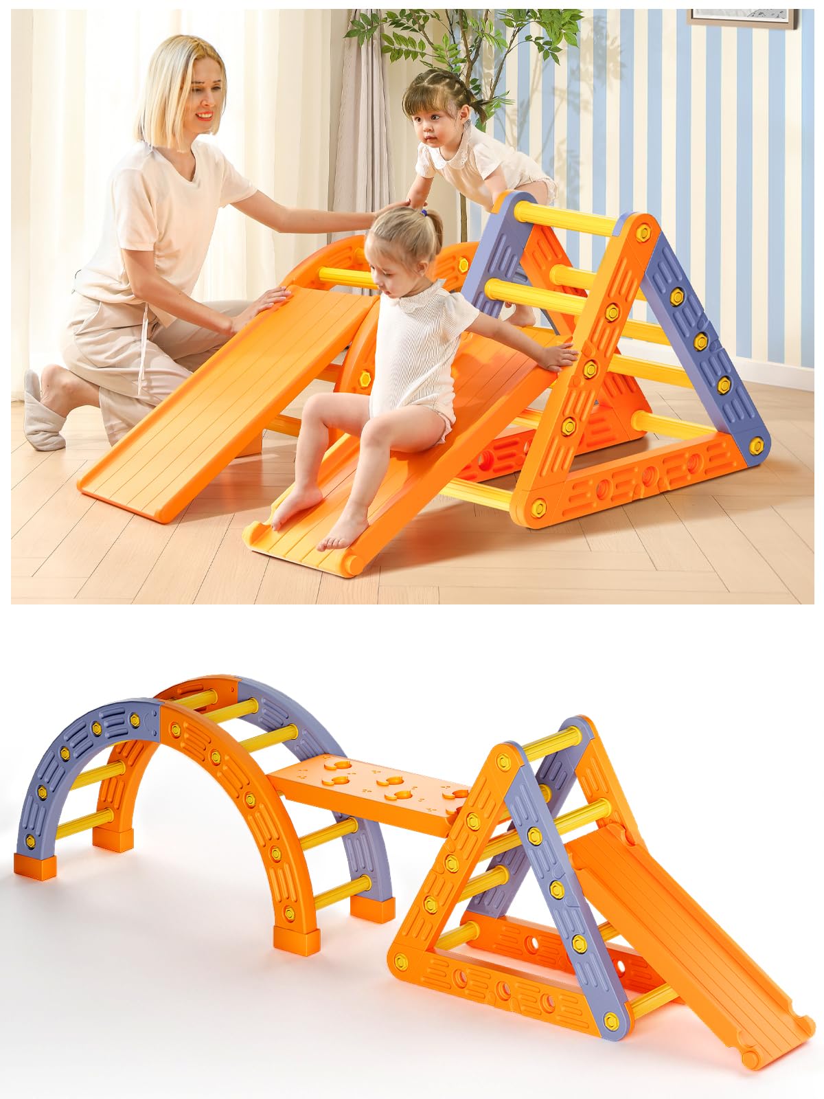 VBABY Climbing Toys for Toddlers 1-6, Pikler Triangle Set 4 in 1, Plastic Indoor Toddler Climbing Toys, Foldable Montessori Pikler Climbing Set, Outdoor Climbing Toys for Kids, Orange & Blue VBABY