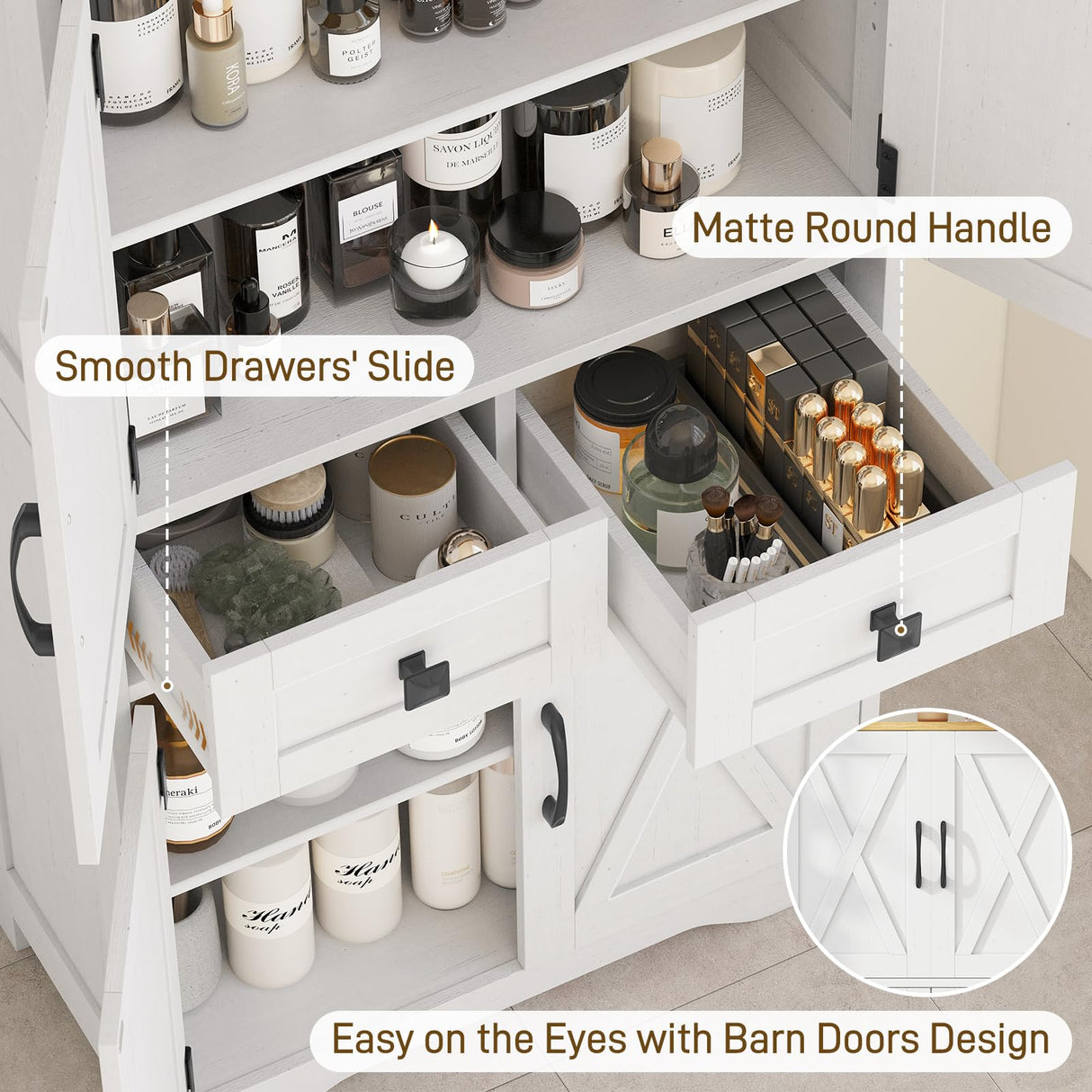 Farmhouse Bathroom Storage Cabinet with 2 Drawers and Barn Doors, Kitchen Pantry Cabinet, Freestanding Storage Cabinet with Adjustable Shelves for Bathroom, Living Room, Kitchen.(Unique White). Vabches