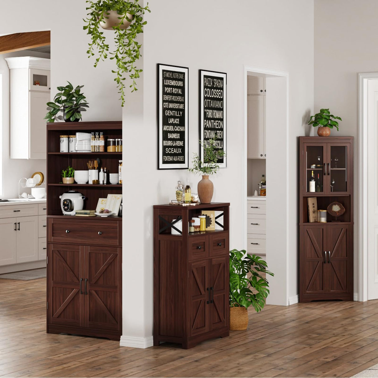 Dark Brown Storage Cabinet with Doors and Shelves - Farmhouse Kitchen Pantry Cabinet with Storage, Coffee Bar Station, Hutch Cupboard for Kitchen, Living Room, Home Office, Dining Room FiveWillowise