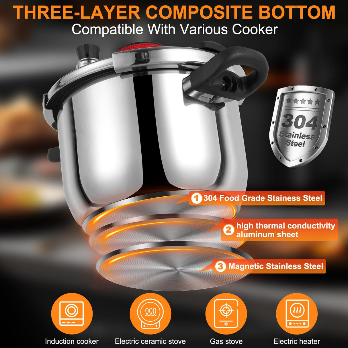 NYTRX Pressure Cooker 10 QT, Stainess Steel Pressure Canner 10 Quart, Explosion-Proof Cookware, Rotating Lock/Unlock Lid, One-handed lid opening, Thickened Silicone Ring And Anti-scald Handle, Silver NYTRX