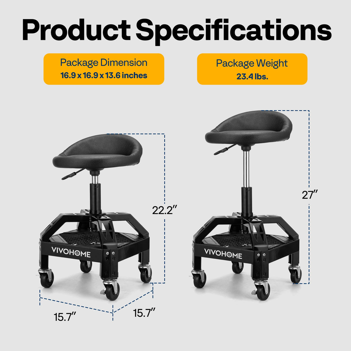 VIVOHOME Rolling Shop Stool Adjustable Height 360 Degree Swivel Stool with Tool Tray Storage and Wheels for Garage, Workshop, 300 LBS Capacity VIVOHOME