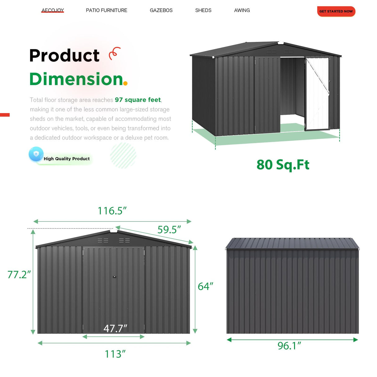 AECOJOY Shed 8' x 10' Outdoor Storage Metal Shed, Dark Grey Steel Yard Shed with Design of Lockable Doors, Utility and Tool Storage for Garden, Backyard, Patio, Outside use AECOJOY