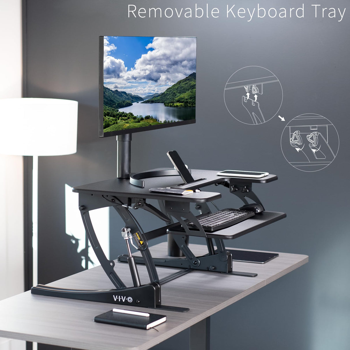 VIVO 32 inch Height Adjustable Stand Up Desk Converter, V Series, Quick Sit to Stand Tabletop Dual Monitor Riser Workstation, Black, DESK-V000VS VIVO