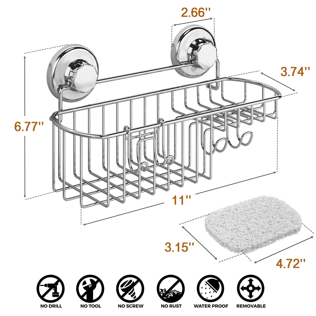 HASKO Suction Cup Shower Caddy Basket for Shampoo, Shower Suction Shelf Organizer, Basket with Soap Holder and Hooks, Stainless Steel Shampoo Holder for Bathroom Storage (Chrome) HASKO accessories