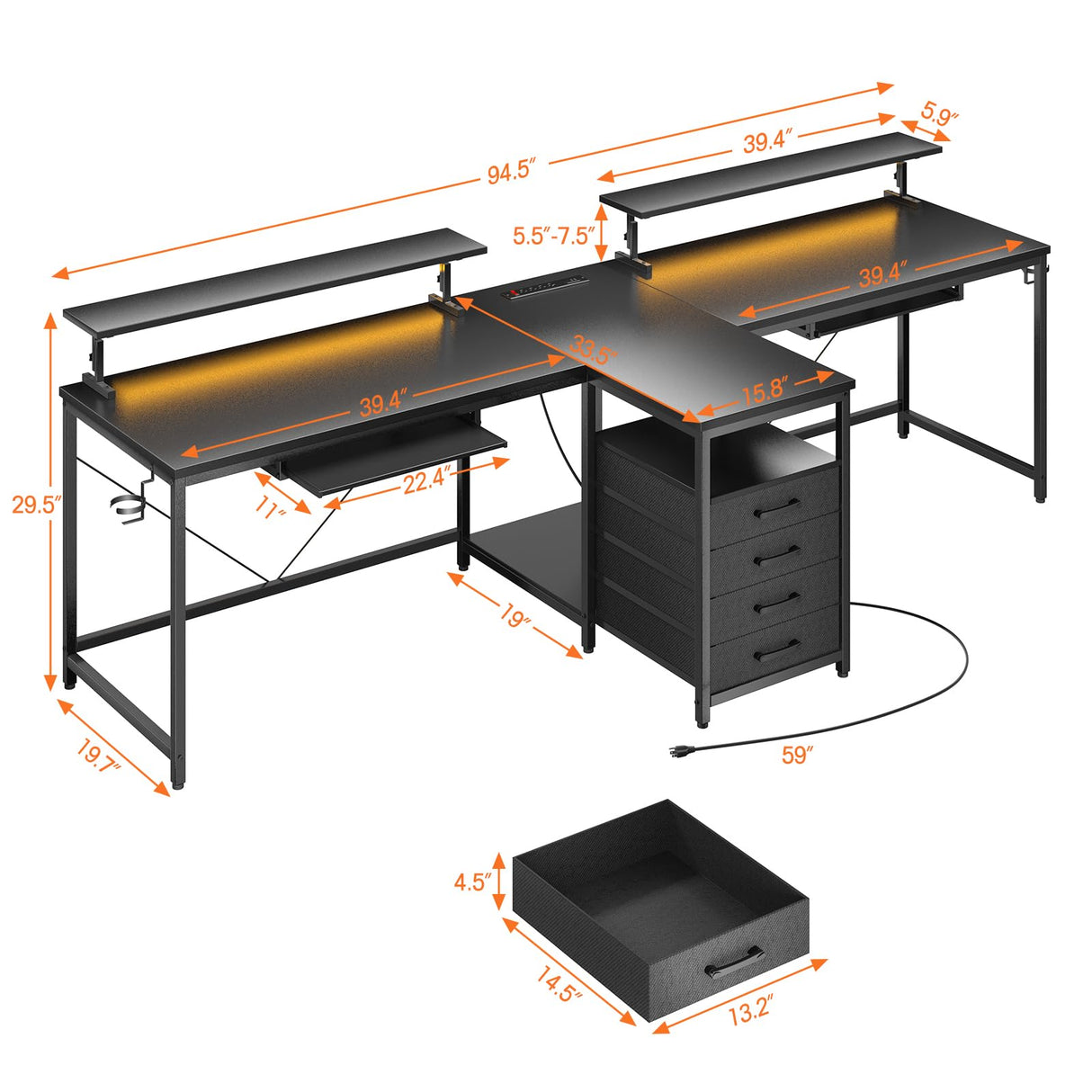 DOMICON 2 Person Desk with Power Outlet & LED Lights, Extra Long 94.5 Inch Computer Desk with Storage Shelves and Monitor Stand for Home Office, Double Gaming Desk, Black DOMICON