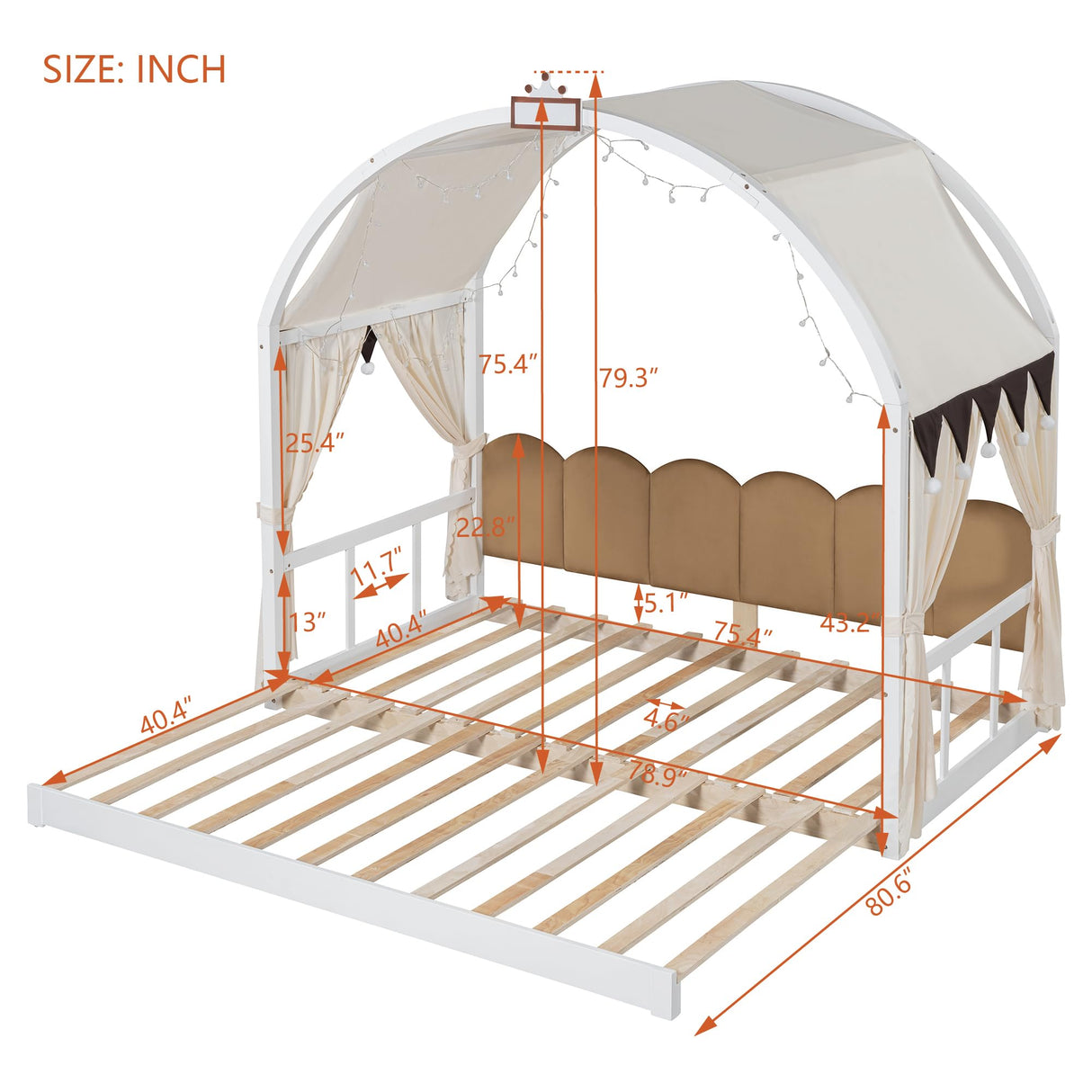 Polibi Twin Size Extended Arched Canopy Bed with Trundle, Light Strip, and Whiteboard in White Polibi