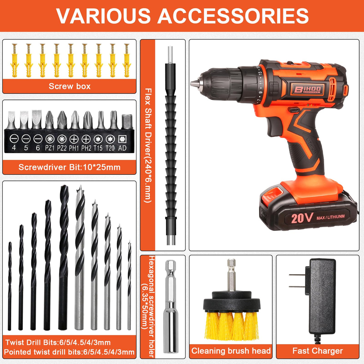 20v Drill Driver Set,Cordless Drill with Battery and Charger,LED Drill Tools Kit,25+1 Torque Setting and 43pcs Drill Bits BIHOO