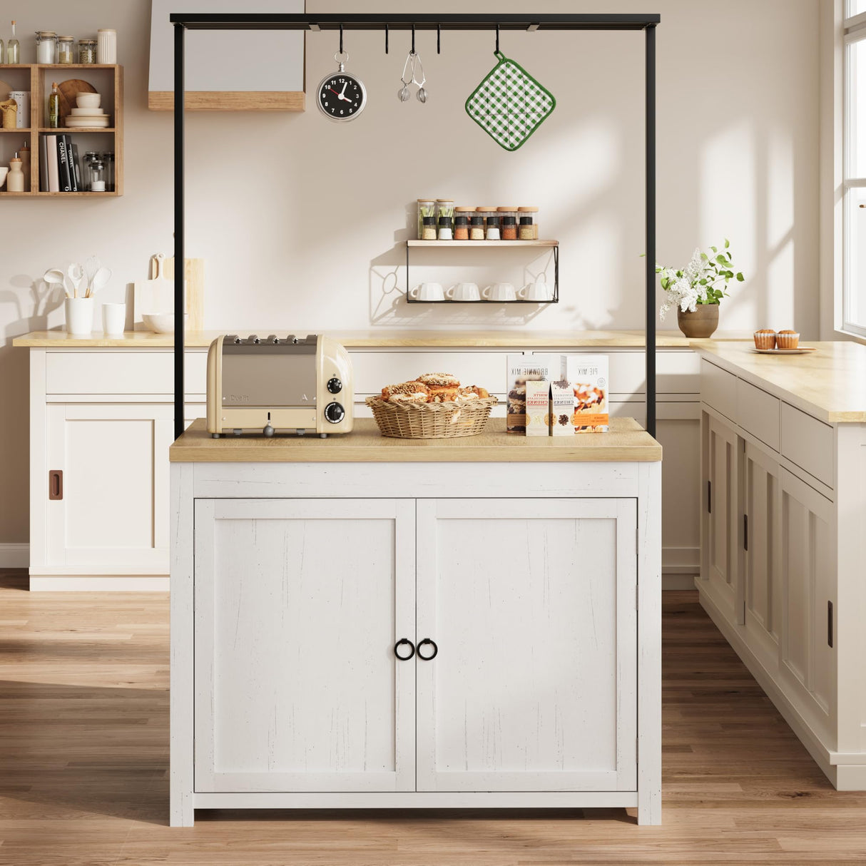 42" Heavy-Duty Kitchen Island with 30mm Countertop - Multi-Functional Storage Cart with 3-Tier Shelves, 5 Hooks & 400lb Capacity, Wood Bakers Rack for Small Spaces (White & Natural) IDEALHOUSE