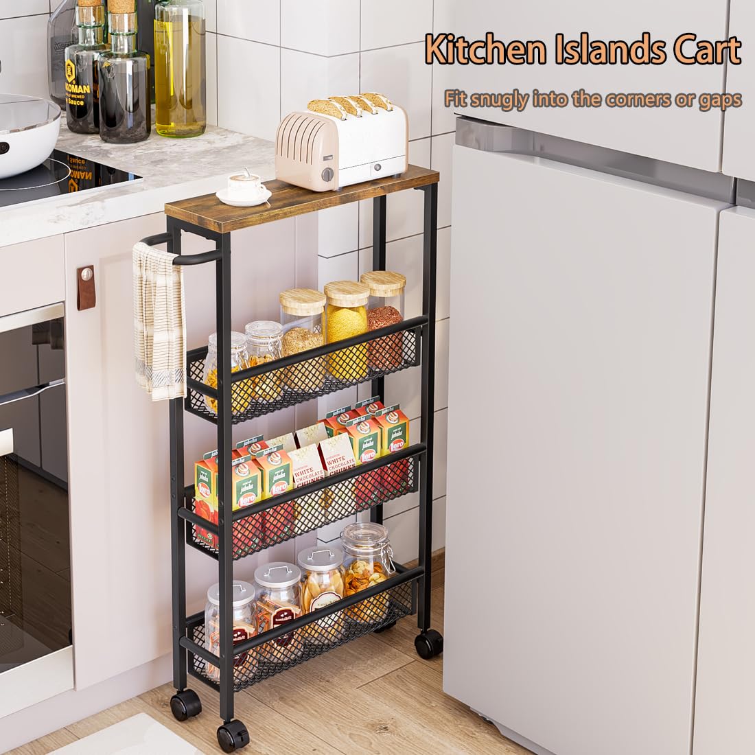 Slim Rolling Cart 4 Tier Narrow Storage Cart on Wheels with MDF Board Top and Metal Handle for Small Space Kitchen Living Room Home Office Pantry Bathroom Laundry Room(16.54×5.12×30.31 inch) AZERPIAN