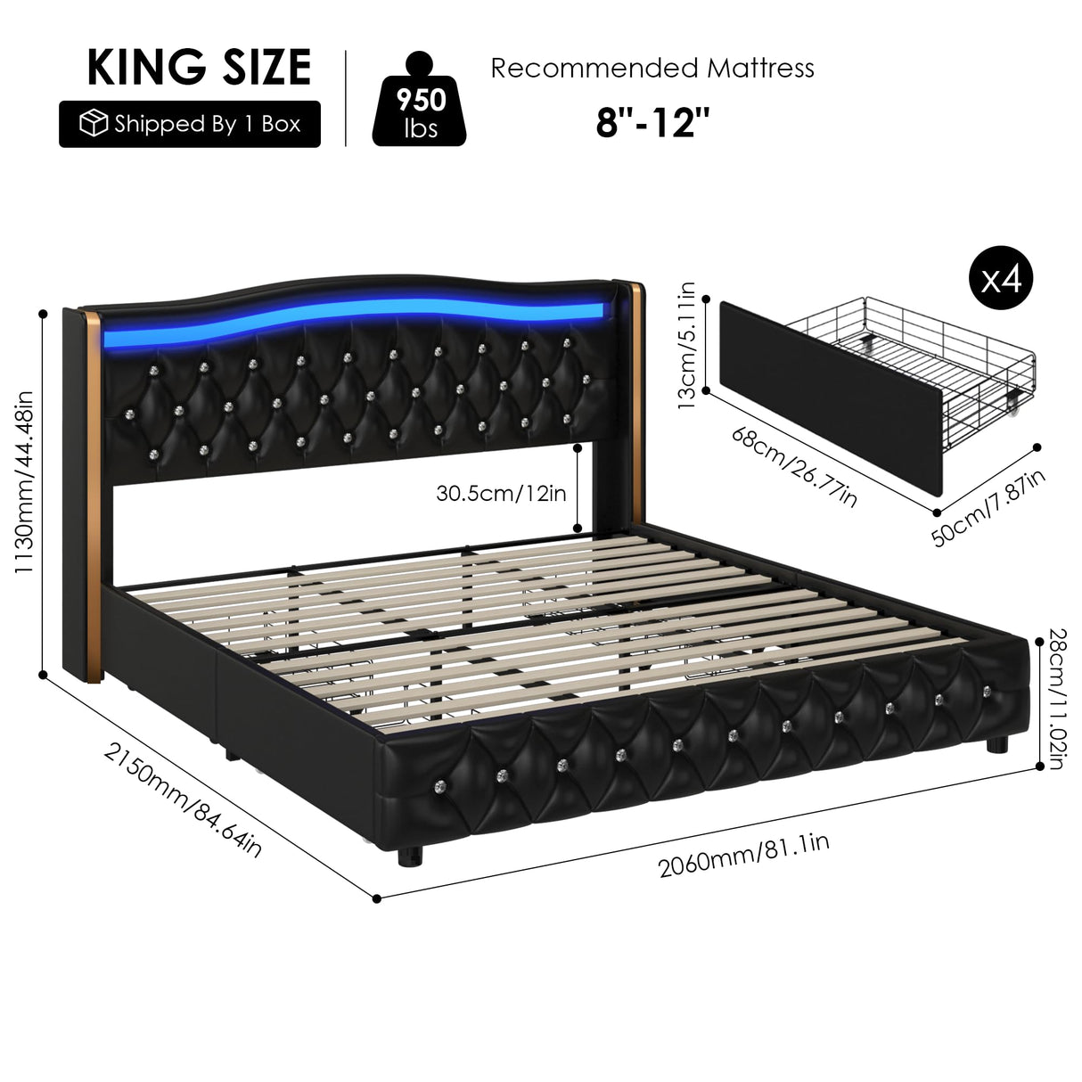 HIFIT King Smart LED Platform Bed Frame with 4 Storage Drawers & Wingback Headboard in Black HIFIT