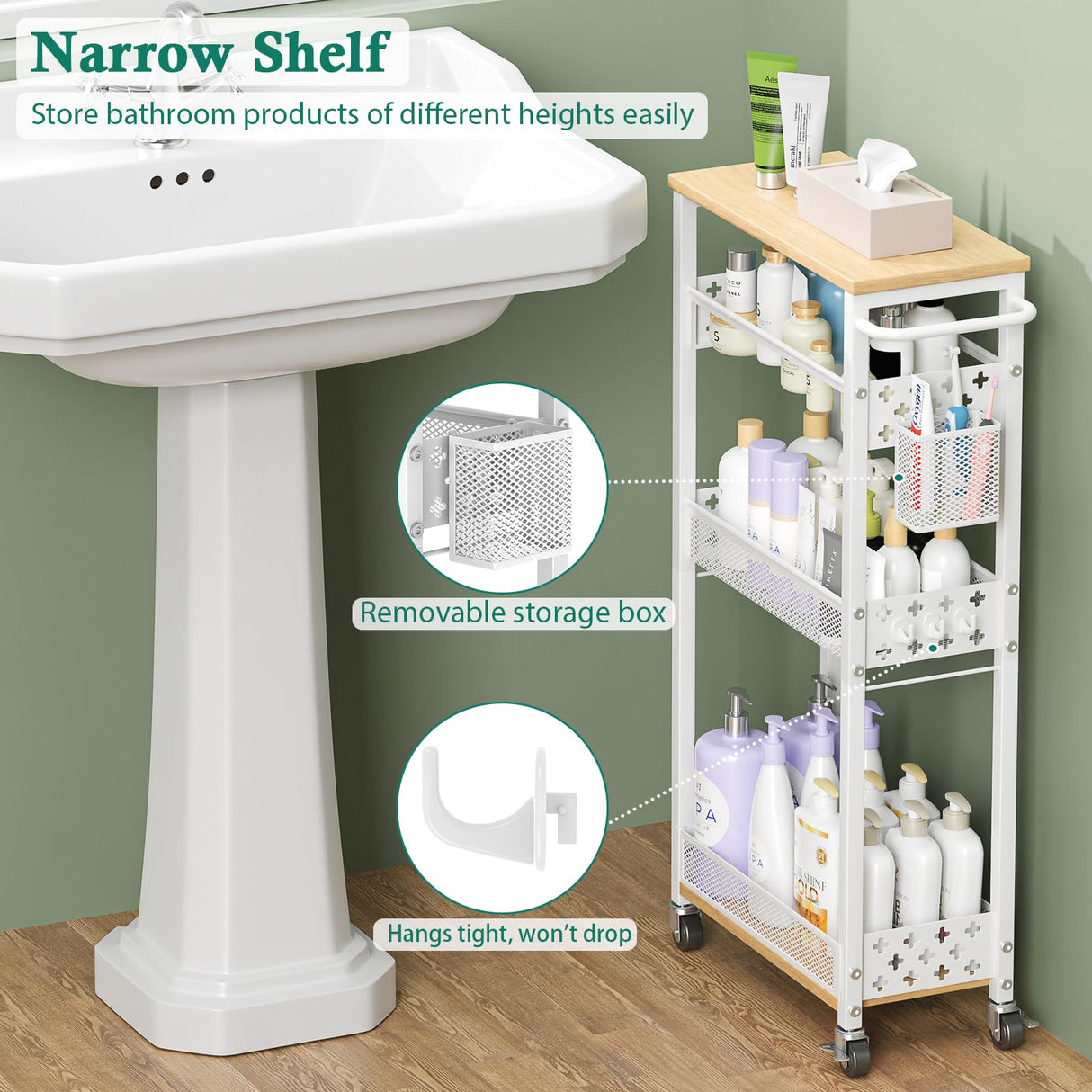 Slim Storage Cart 4 Tier Laundry Cart with Wheels, Narrow Metal Kitchen Rolling Carts Bathroom Organizers Storage Shelf with Wood Rack and Handle for Small Space XYZLVSI