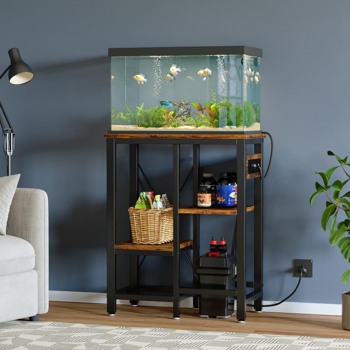 Bestier 10 Gallon Fish Tank Stand with Power Outlet, 20.3x10.6 Metal Aquarium Stand, 6-Leg Reptile Tank Stand with 3-Tier Adjustable Storage Shelves, 264LBS Capacity,Rustic Brown Bestier