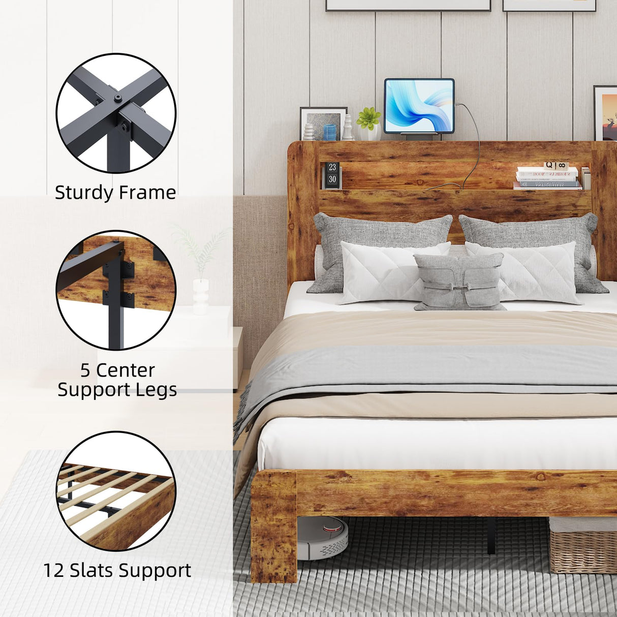 Queen Size Wooden Bed Frame with Storage Headboard & Charging Station, Farmhouse Platform Bedframe with LED Lights & Wood Slat Support, No Noise, No Box Spring Needed, Easy Assembly (Rustic Brown QNICE