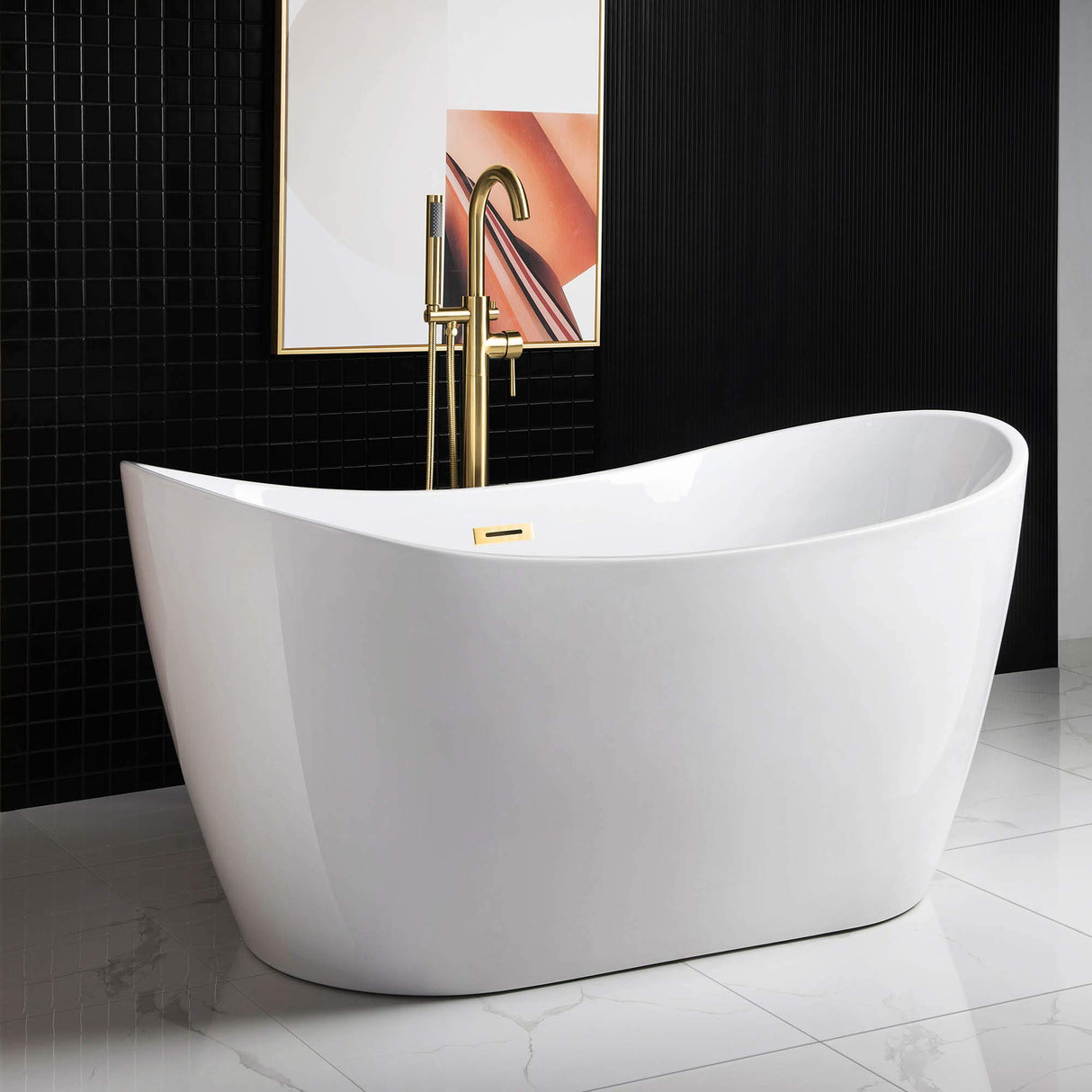 WOODBRIDGE 59" Acrylic Freestanding Bathtub Contemporary Soaking White Tub with Brushed Gold Overflow and Drain,BTA1516-BG-Drain-&O WOODBRIDGE