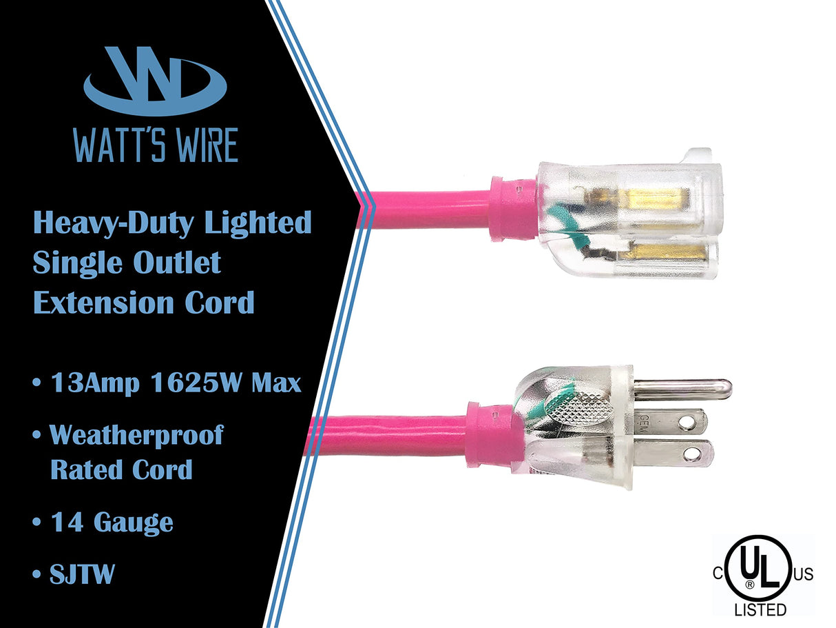 100 ft - 14 Gauge Heavy Duty Extension Cord - Lighted SJTW - Indoor/Outdoor Extension Cord by Watt's Wire - 100' 14-Gauge Grounded 13 Amp Extension Cord Watt's Wire