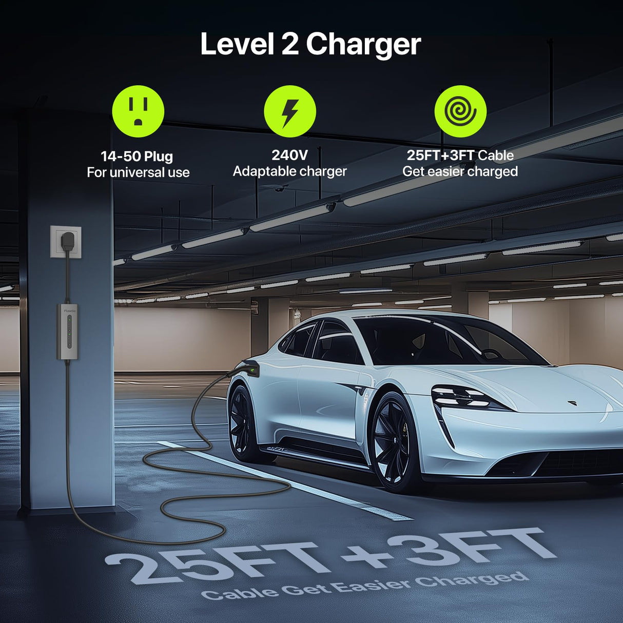 FlowGo Level 2 EV Charger 40A J1772 Connector 9.6KW Electric Car Charger 240V with 14-50 Plug 25 FT Cable 15-40 Amps Adjustable Current Mobile Vehicle Charging Station for All EVs FlowGo