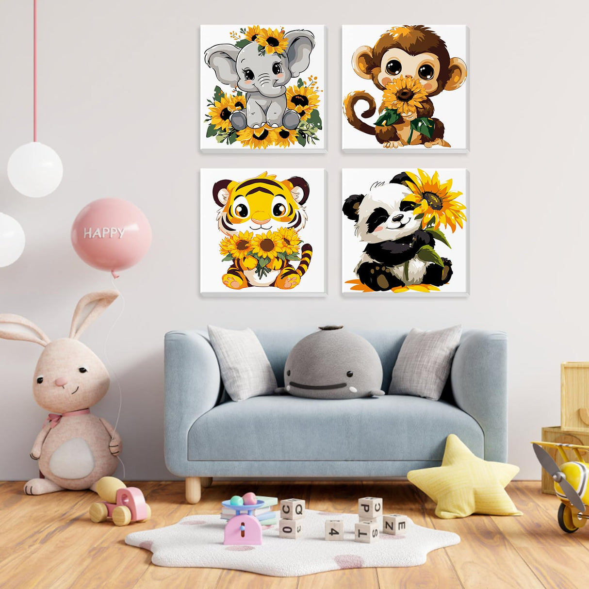 4 Pack Paint by Number for Kids with Wooden Frame, Cartoon Paint by Numbers for Kids Ages 8-12, Elephant, Monkey, Tiger, Panda, DIY Acrylic Oil Painting for Beginners for Home Wall Decor 8X8 inch NEWENMO