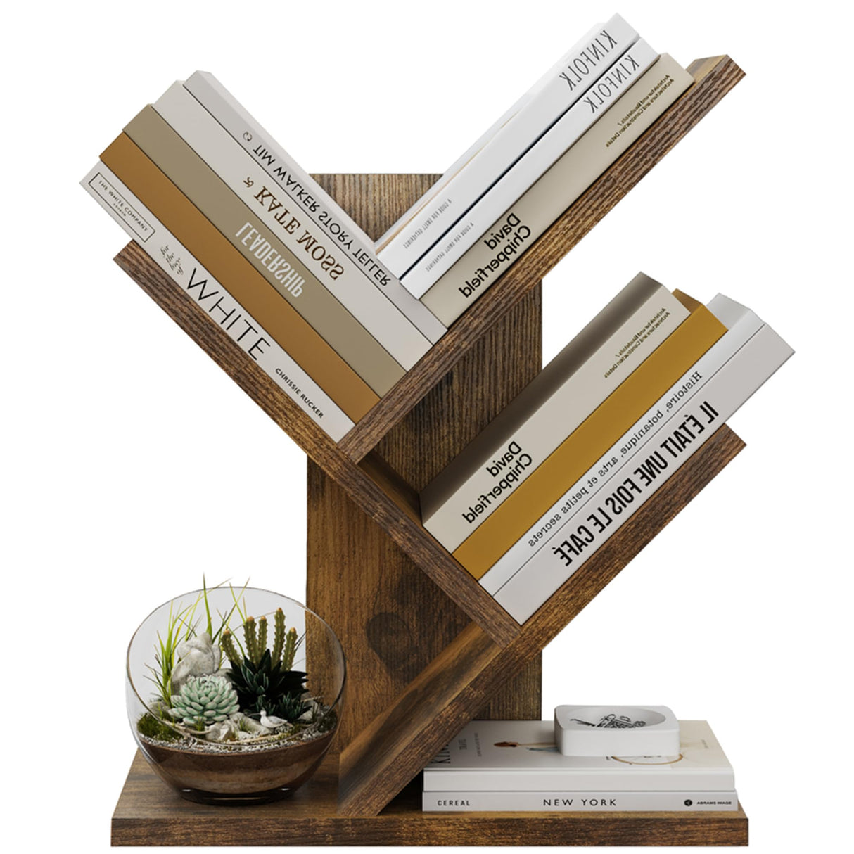 Tajsoon Tree Bookshelf 3 Tier Book Storage Organizer Shelves, Desktop Bookshelf Floor Standing Bookcase Display for CDs/Magazine/Books, Small Bookshelf for Bedroom, Living Room Office, Rustic Brown Tajsoon