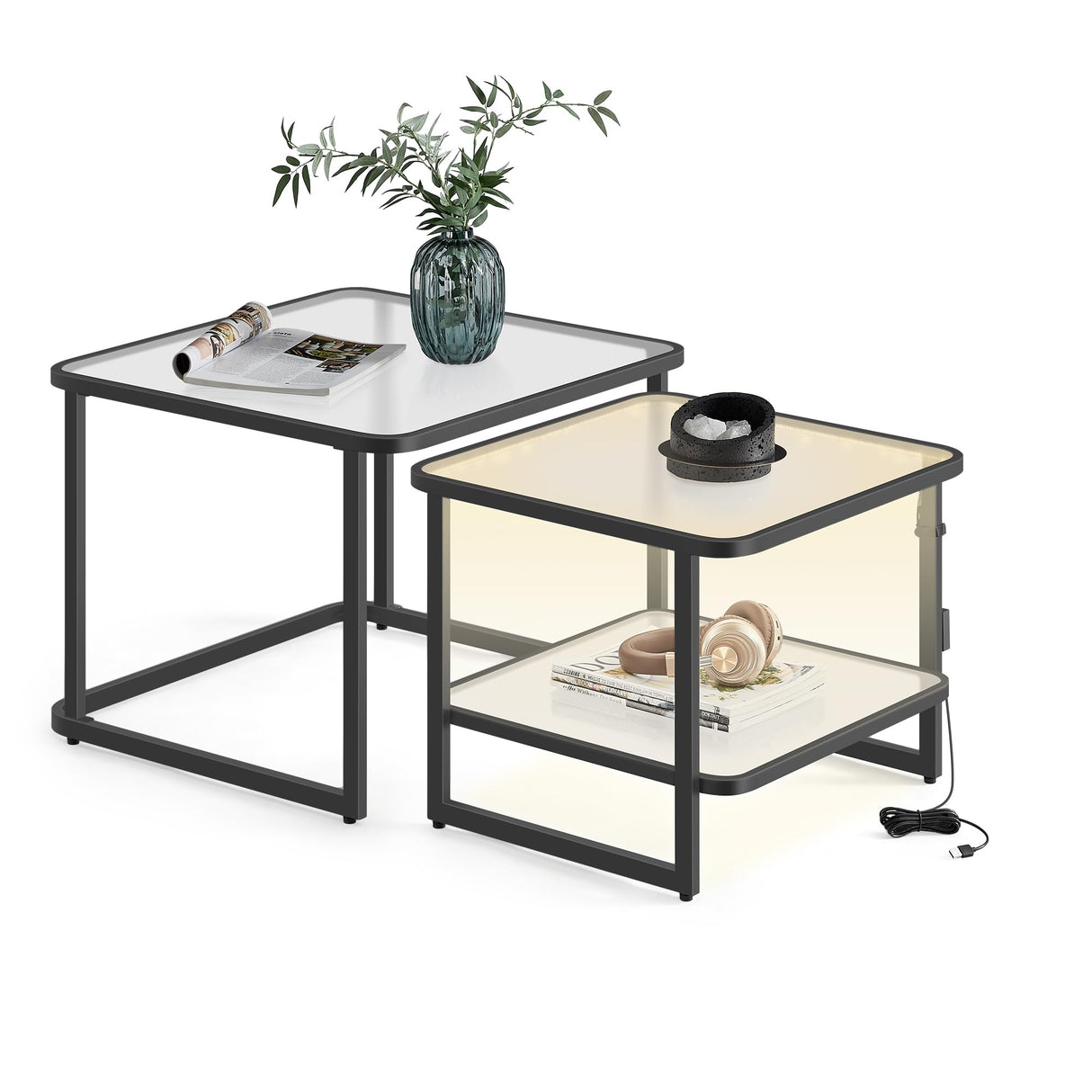 VASAGLE Nesting Tables, Frosted Glass Coffee Table with LED Lights, Modern Square Side Tables with Bottom Shelf, for Living Room, Bedroom, Office, Cloud White and Ink Black (Set of 2) VASAGLE