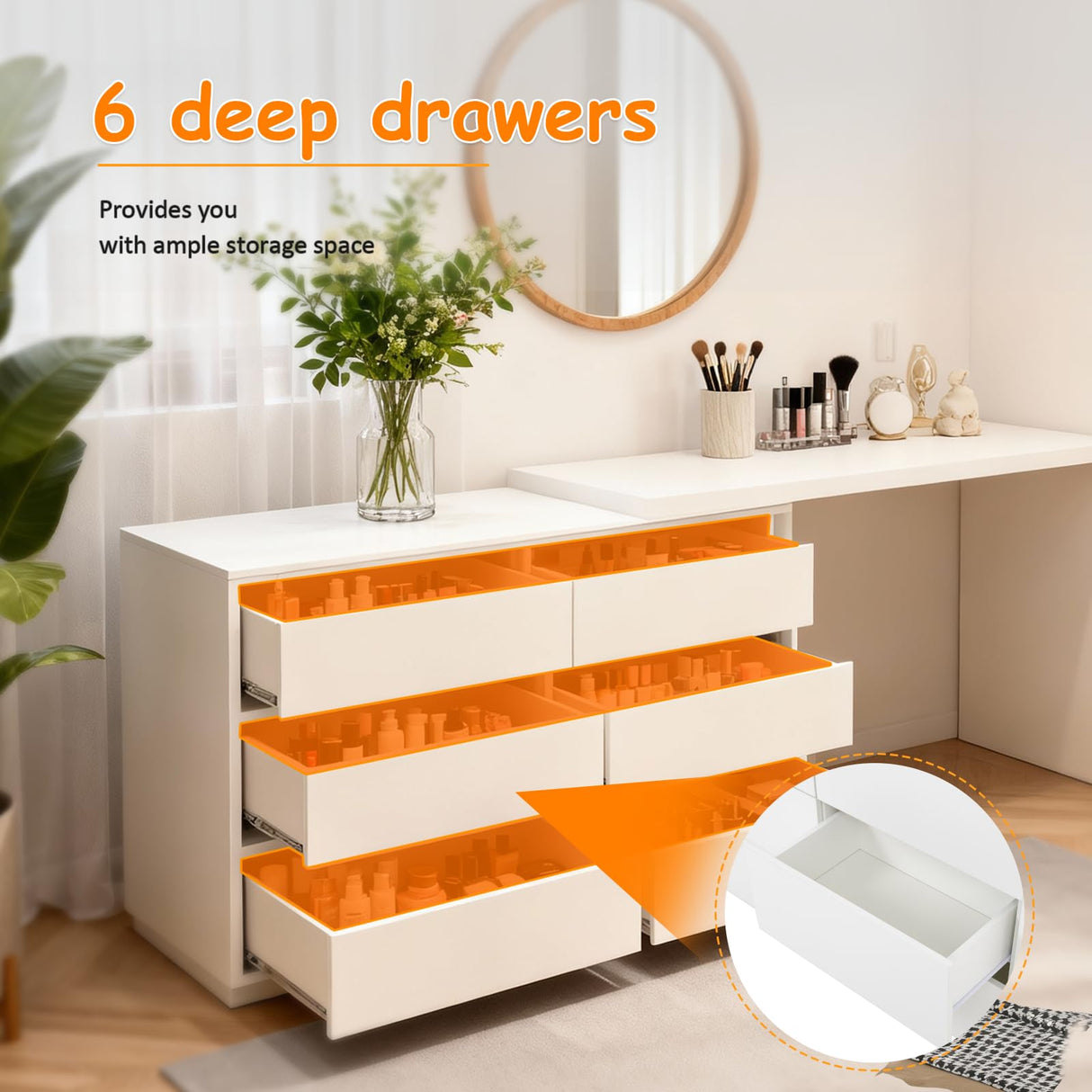 Hotpzeddaque L Shaped Vanity Desk with 6 Drawers, 80.7″ Dresser Desk Combo with Storage,Wood Makeup Dressing Table for Bedroom Corner, Women Girls, White (80.7“) Hotpzeddaque