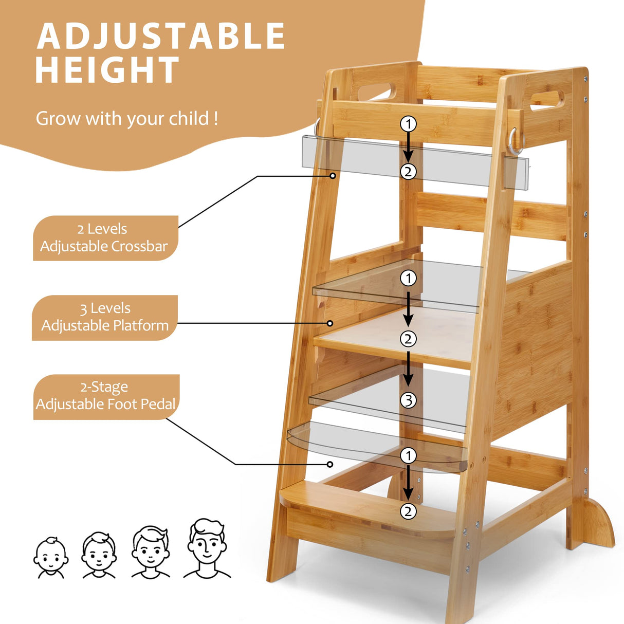 TOETOL Bamboo Toddler Step Stool Kids Kitchen Counter Learning Stool Standing Helper Tower 3 Height Adjustable Bathroom Sink with Safety Rail,Natural TOETOL