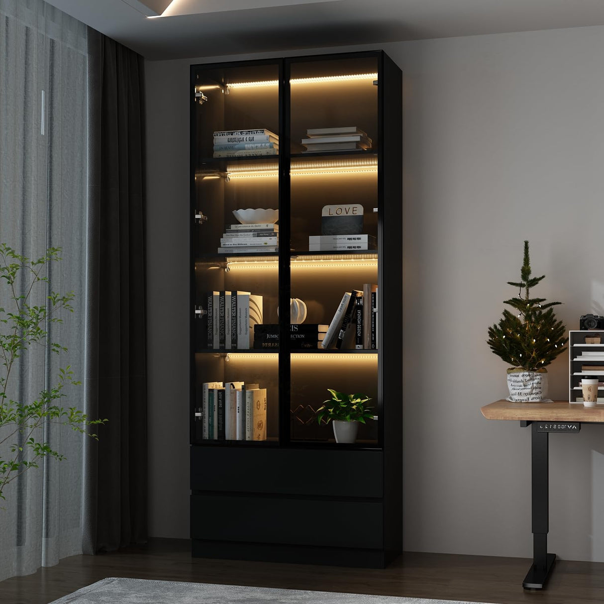 FUNISIR Curio Display Cabinet with Light, Storage Shelves with Pop-up Glass Doors, 2 Drawers & 3 Color Light, Collectibles Cabinet Display Shelf, Bookshelf Showcase for Living Room, Black w/Drawer FUNISIR