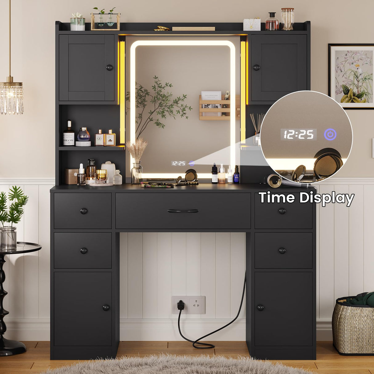 Tiptiper Large Makeup Vanity Desk with Mirror and Lights, Vanity Table with Charging Station & Time Display & Ambient Light, Makeup Table with Drawers & Storage Cabinets, Black Tiptiper