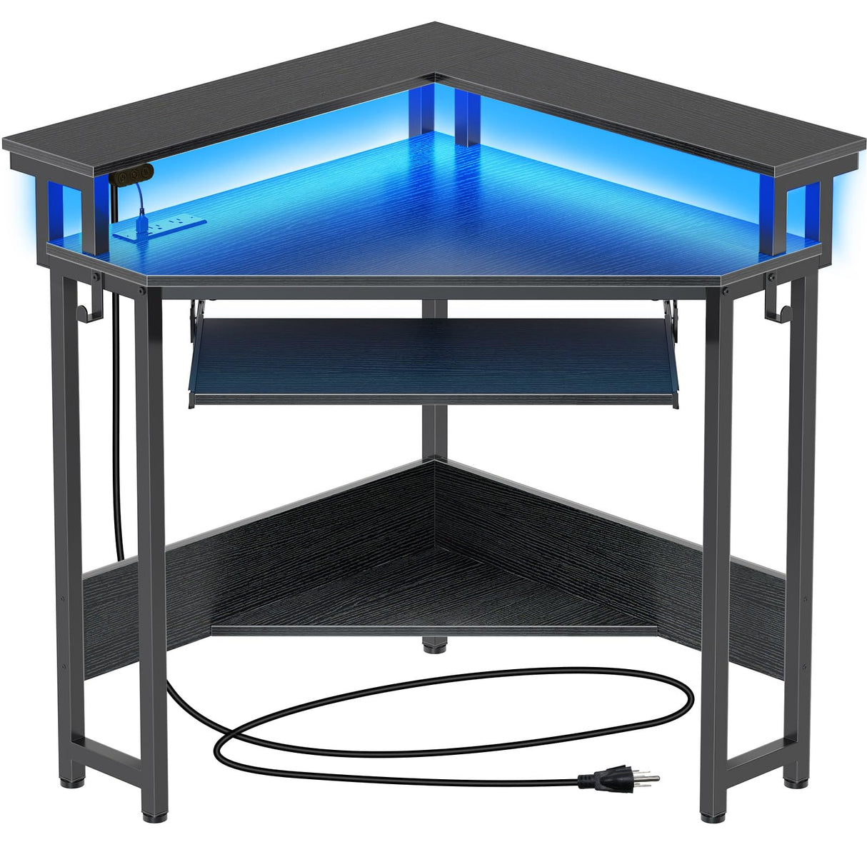 Rolanstar Corner Desk, 44.5" W x 34.5" H Small Computer Desk with Power Outlets, Gaming Desk with LED Lights, Triangle Corner Desk with Keyboard Tray & Monitor Stand for Small Space, Black Rolanstar