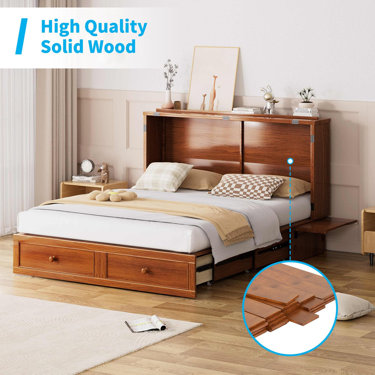 Mjkone Queen Murphy Bed Cabinet with Tri-Folding Mattress, Distressed Wooden 63" W Cabinets Wall Chest Beds with Built-in Charging Station & Storage Drawer for Office Guest Bedroom Living Room, Cherry Mjkone