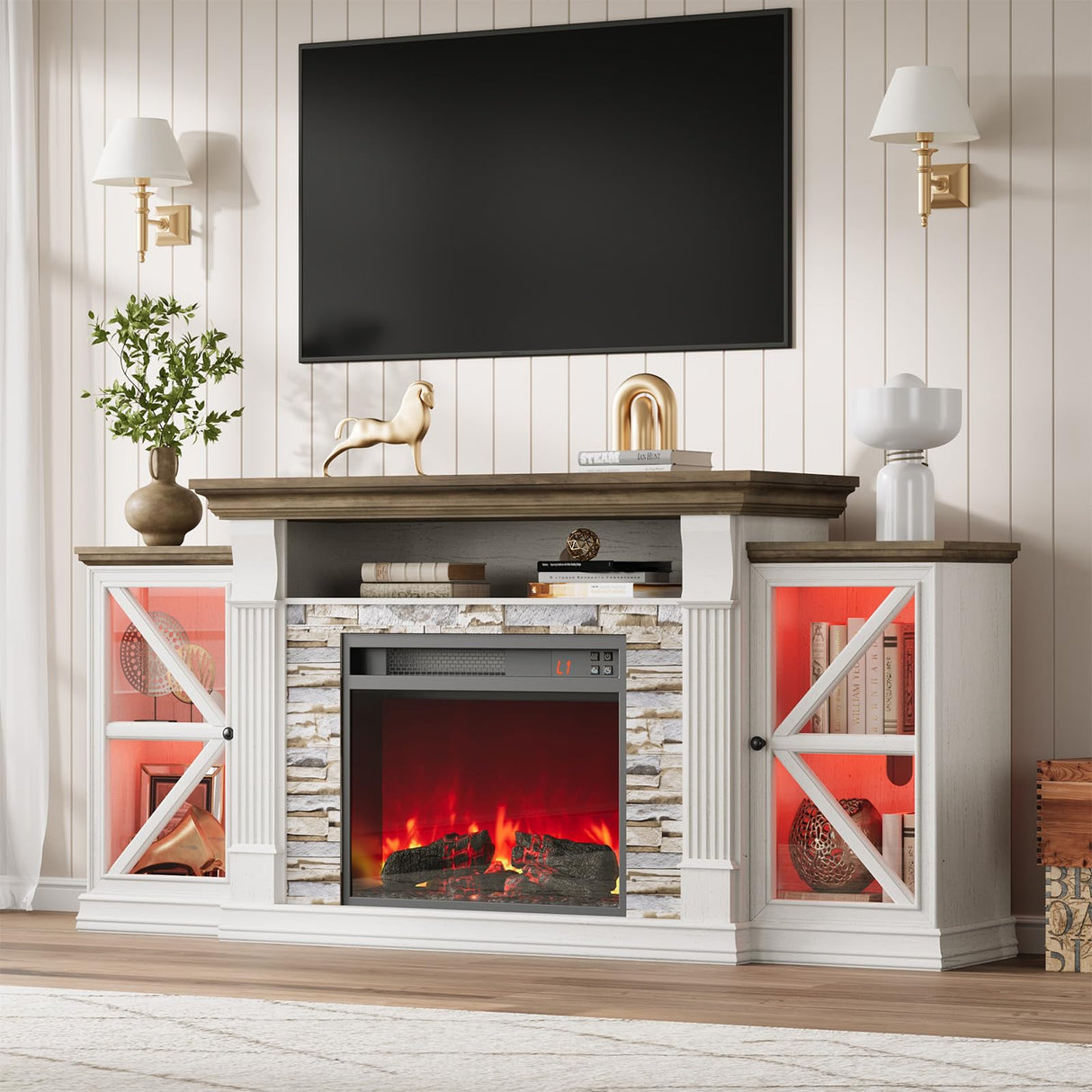 QUW Electric Fireplace TV Stand, 70" Farmhouse Entertainment Center with Open Shelf and Glass Barn Door Cabniet, Modern TV Console Table with 7 Flame Colors for Living Room, Antique White QUW