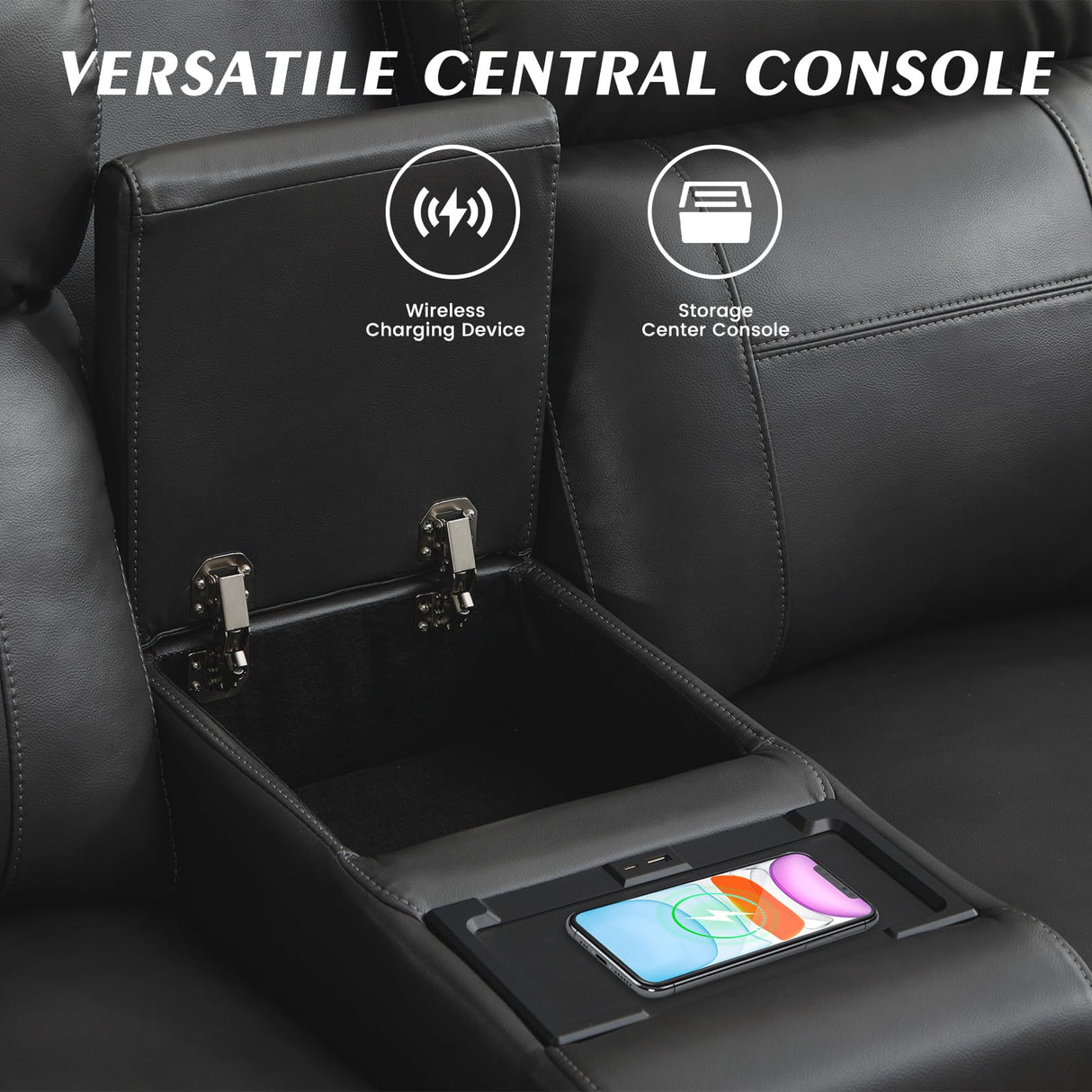 Netpane Breathable Leather Power Recliner Sofa Set with LED, Power Reclining Sofa and Loveseat Set with Adjustable Headrest/Wireless Charger/Storage Console for Living Room/HomeTheater (Grey&Black) Neptane