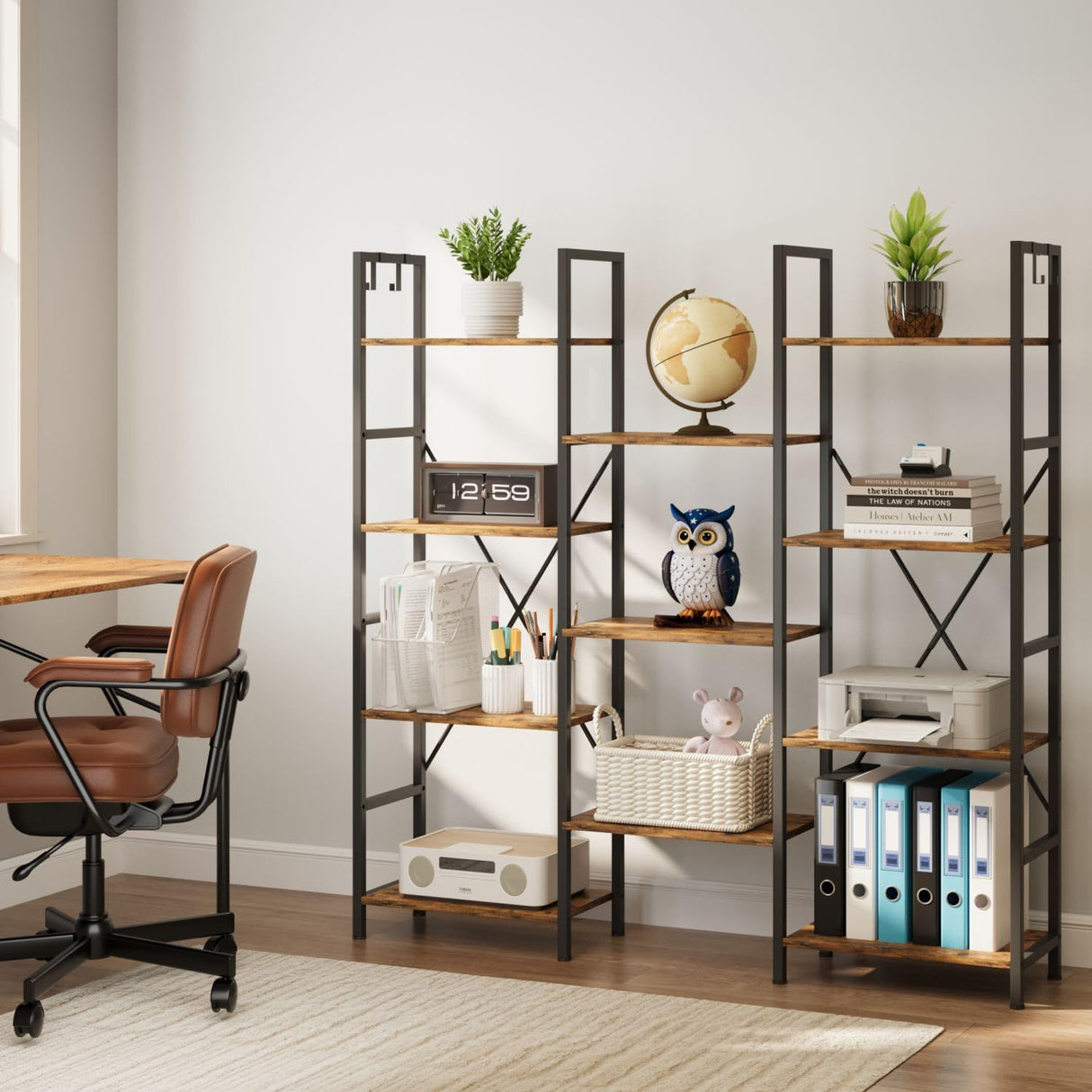 DSNAPE Triple 4 Tier Bookshelf with 11 Open Book Shelves,Home Office Bookcase Shelf Heavy Duty Storage Organizer,55" H Industrial Display Shelves for Living Room,Kitchen Room,Flower Room,Rustic Brown DSNAPE