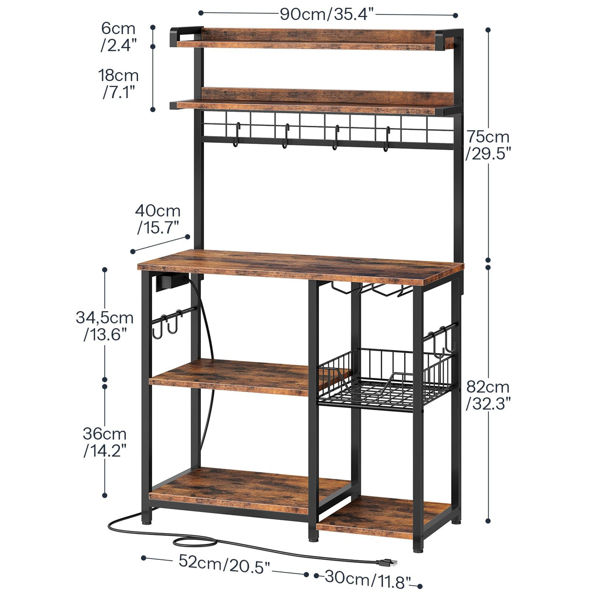 HOOBRO Bakers Rack with Power Outlet, 5 Tiers Coffee Bar with LED Light, Microwave Stand with Wire Basket & Wine Holders, Kitchen Storage Shelf with 6 S-Shaped Hooks, Rustic Brown and Black BF21UDHB01 HOOBRO