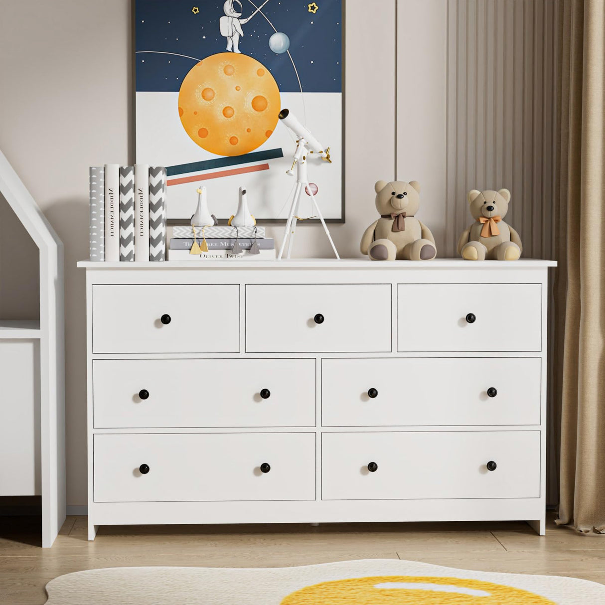 JOZZBY 55" White Dresser for Bedroom, 7 Drawer Wooden Double Dresser with Metal Handles, Modern Storage Chest of Deep Dresser for Nursery, Hoom Office, Hallway JOZZBY