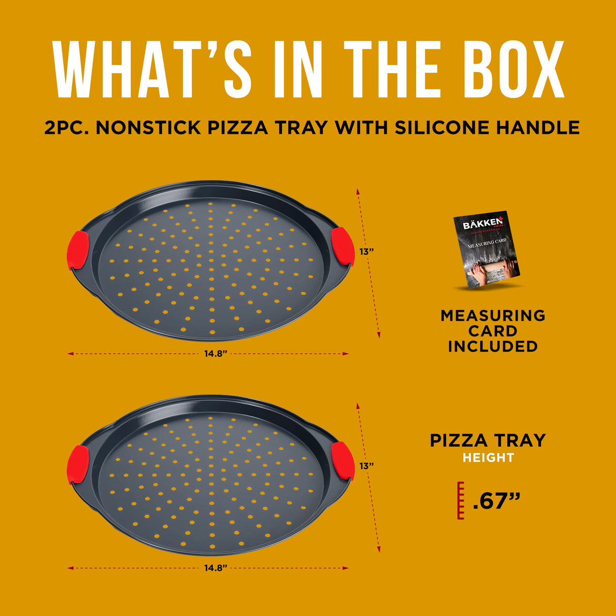 Pizza Tray – 2 Round with Silicone Handles – Carbon Steel Pizza Pan with Holes and Non-Stick Coating – PFOA PFOS and PTFE Free by Bakken BAKKENMASTER