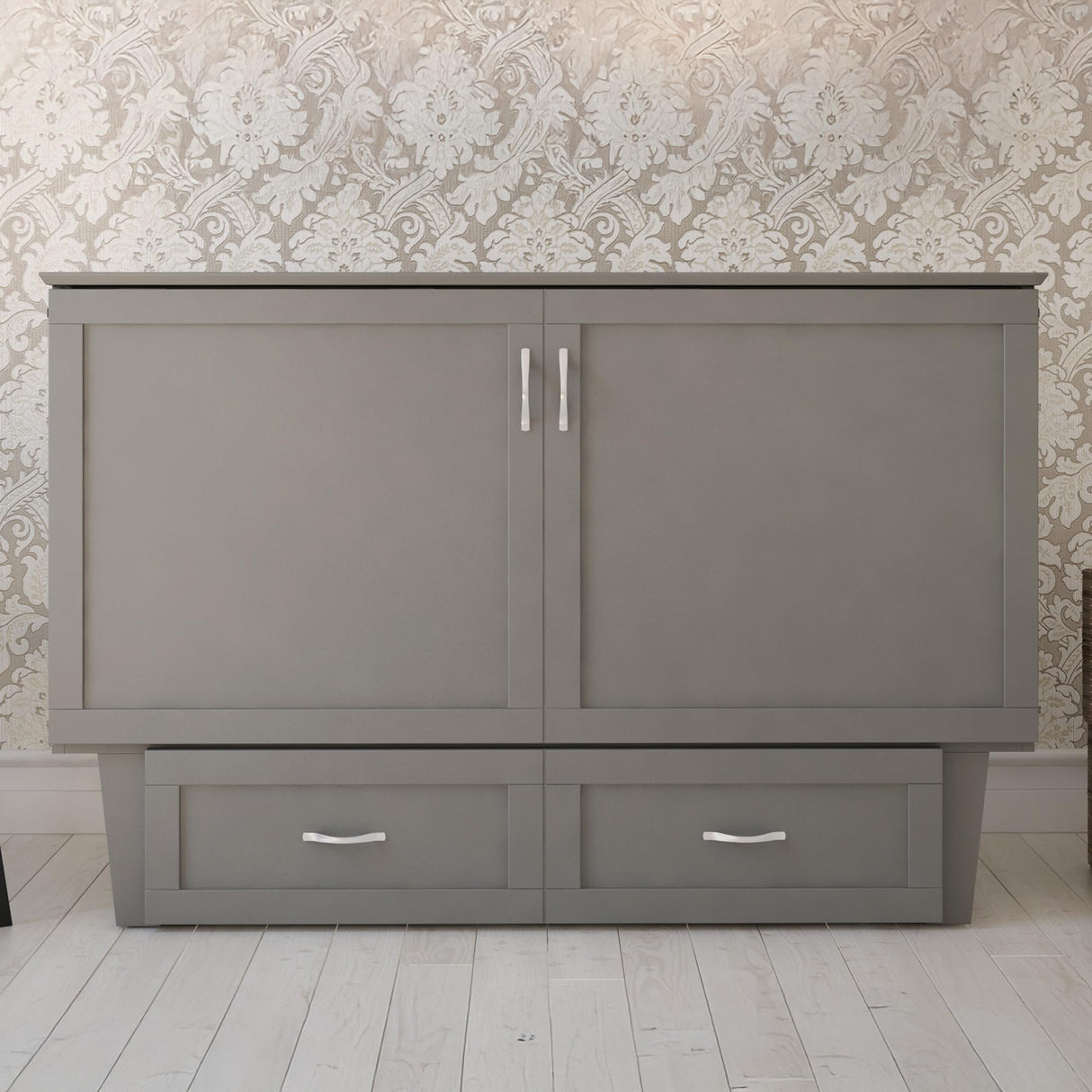 AFI, Monroe Queen Murphy Bed Chest with 6" Mattress, Storage Drawer & Built-in USB Charger, Grey AFI