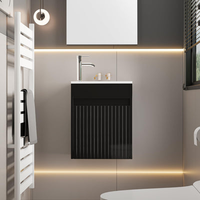 eclife 16" Small Bathroom Vanity Sink Combo, Modern Painted Wall Mounted Floating Cabinet W/Decoration Lines, Resin Basin Sink Top, Chrome Water Save Faucet & Pop Up Drain (Piano Black)