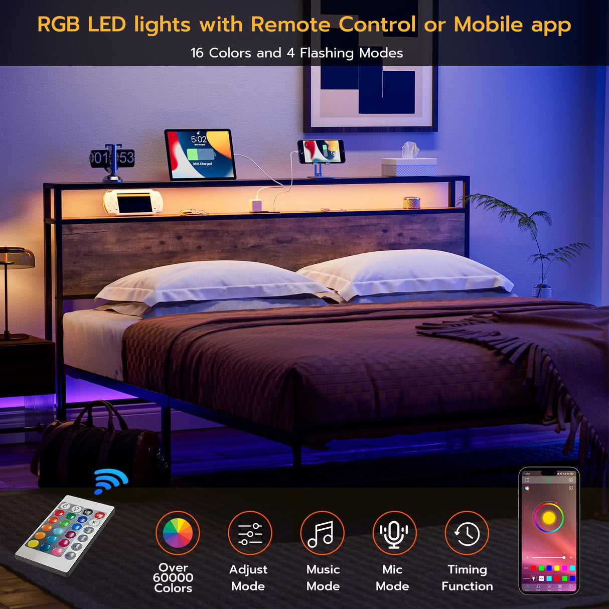 KZNGK King Size LED Headboard with Charging Station and Industrial Storage Design KZNGK