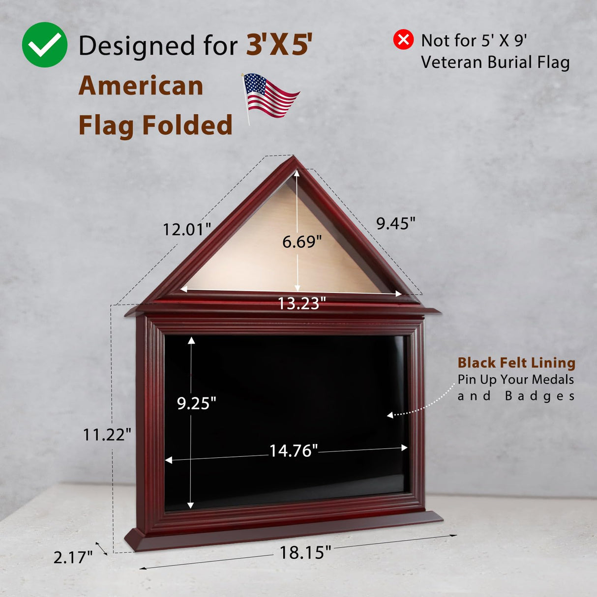 ASmileIndeep Flag Display Case Box for Folded 3'x5' American Veteran Flag Solid Wood Military Flag Certificate Shadow Box with Wall Mount Display ASmileIndeep