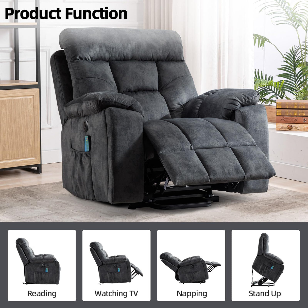 CANMOV Large Power Lift Recliner Chair with Massage and Heat for Elderly Big and Tall People, Overstuffed Wide Recliners with 2 Cup Holders, Side Pocket and USB Port, Grey CANMOV