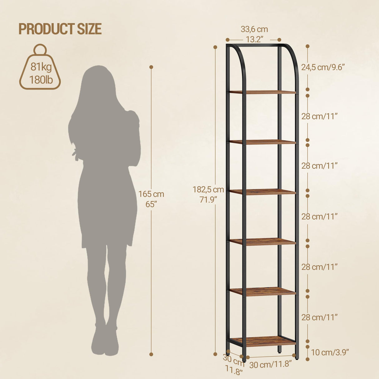 Hzuaneri Bookshelf Narrow Bookcase, Tall Storage Rack with Steel Frame, Display Standing Shelf Unit, Skinny Book Shelf for Study Living Room Home Office, Industrial Style, 6-Tier Rustic Brown BC56001B