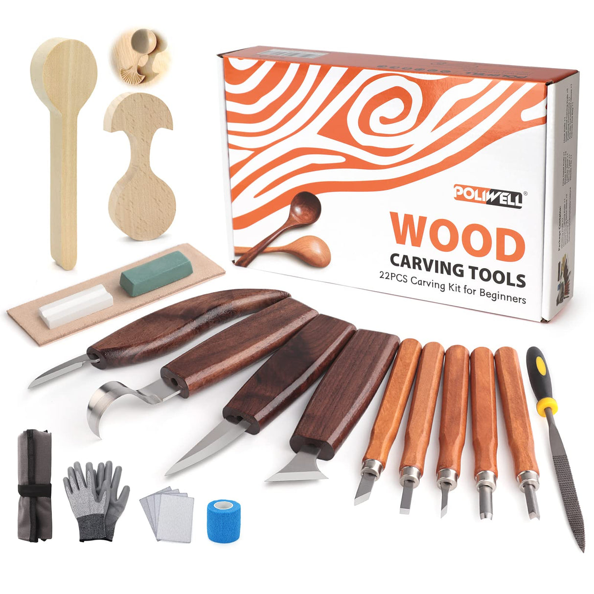 Wood Carving Kit 22PCS Wood Carving Tools Hand Carving Knife Set with Anti-Slip Cut-Resistant Gloves, Needle File Wood Spoon Carving Kit for Beginners Whittling Kit for Kids Adults Woodworking DIY POLIWELL