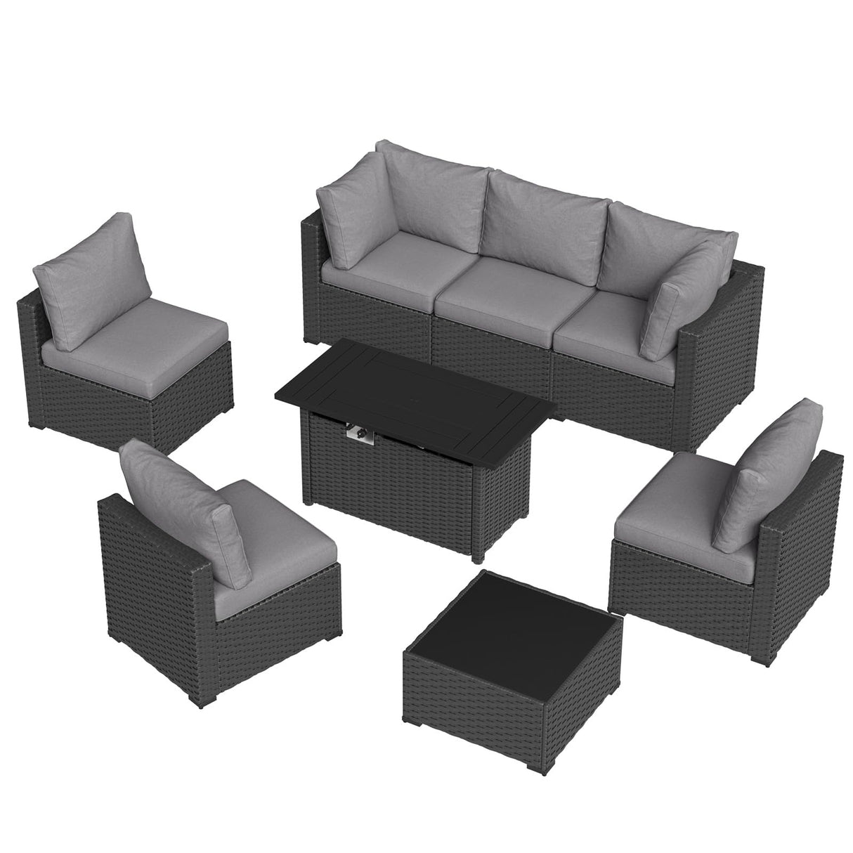 Aoxun 8 Piece Patio Furniture Set with 44” Fire Pit Table Wicker Rattan Patio Sectional Sofa Set Outdoor Seating Furniture with Thickened Cushion, Grey Aoxun