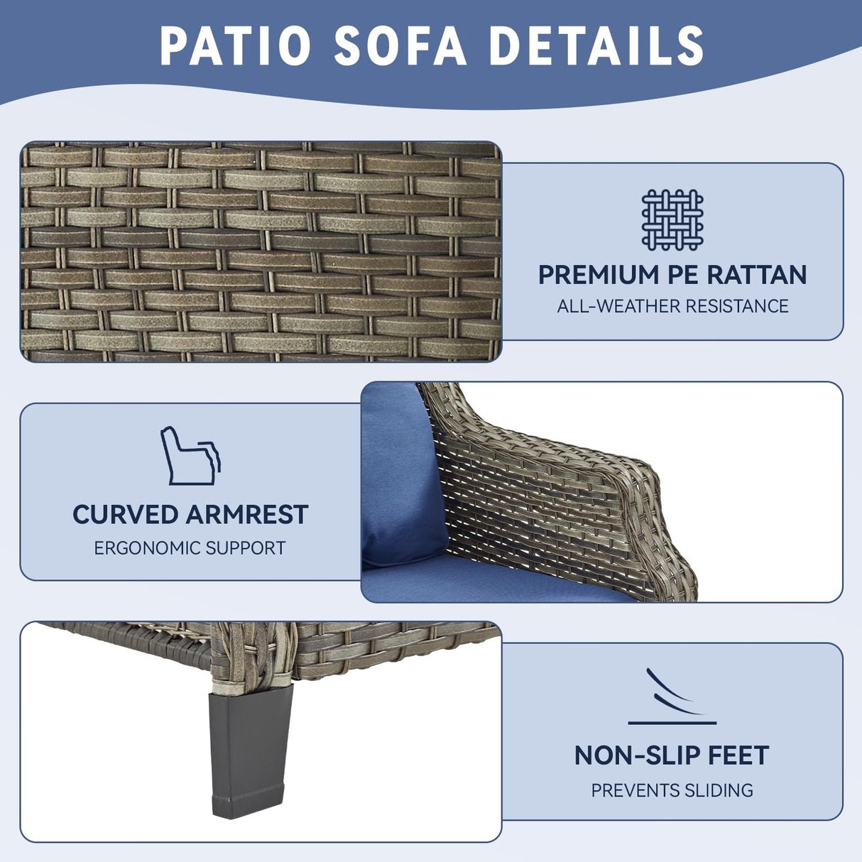 Bellefurn Patio Sofa Couch Outdoor Wicker Sofa PE Rattan 3-Seat Couch with Curved Armest Water Resistant Cushions for Garden Balcony Sunroom Poolside, Grey Wicker|Blue Cushions, Sofa(1PC) Bellefurn