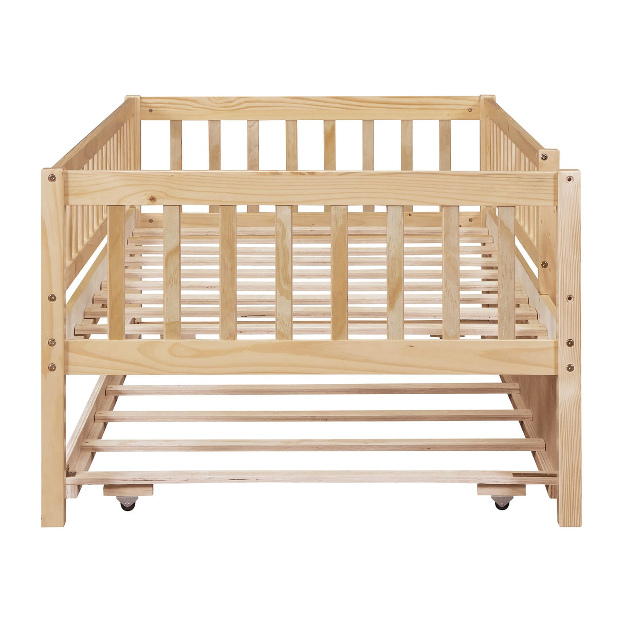Harper & Bright Designs Twin Daybed with Trundle, Wood Twin Trundle Bed Frame with Fence Rails,Montessori Twin Bed for Kids Girls Boys Bedroom,Guest Room,Living Room,No Box Spring Needed,Natural Harper & Bright Designs