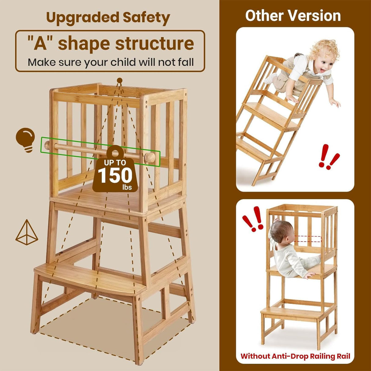 COSYLAND Kids Kitchen Step Stool,Toddler Standing Tower with CPC Certification, Removable Anti-Drop Railing Safety Rail Enjoys Unique Patented Design A Anti-tip Structure More Stable, Natural Bamboo COSYLAND