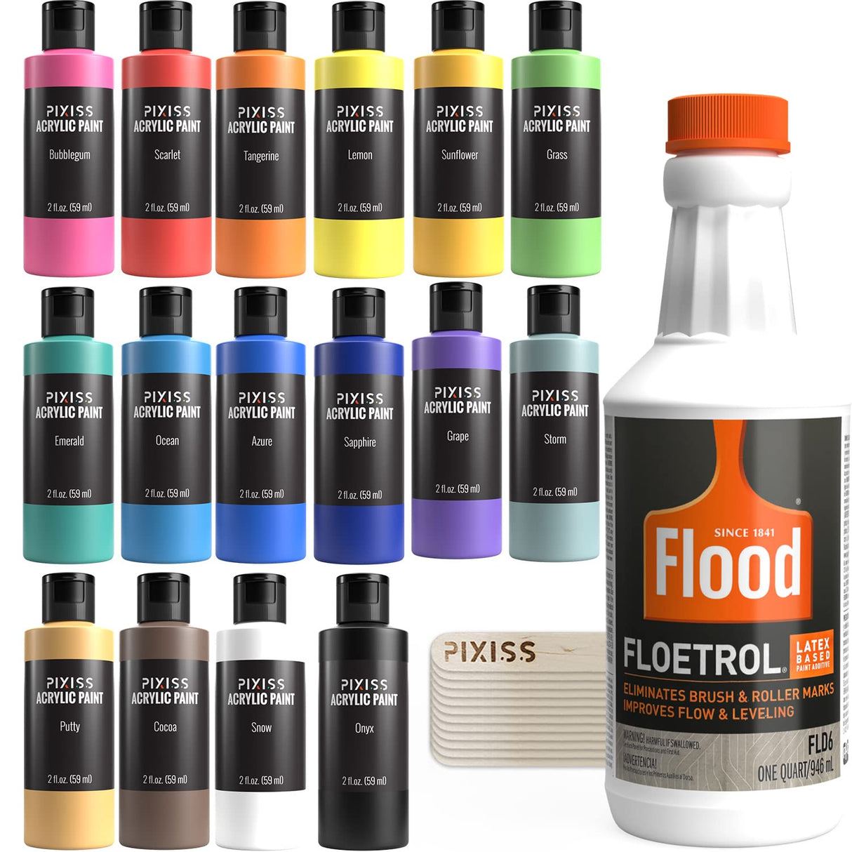 Floetrol For Acrylic Paint Pouring Kit, Flotrol Acrylic Pour Medium Additive, 16 Acrylic Pouring Paints, 20 Pixiss Wood Mixing Sticks GrandProducts Art Bundles
